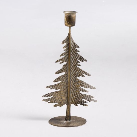 Spruce Taper Candlestick - Antique Brass Tree Design - 7 x 20cm