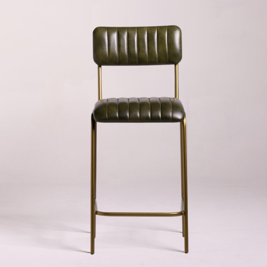 Diner Bar Stool - Green Real Leather Seat - Antique Brass Metal Frame - 66cm