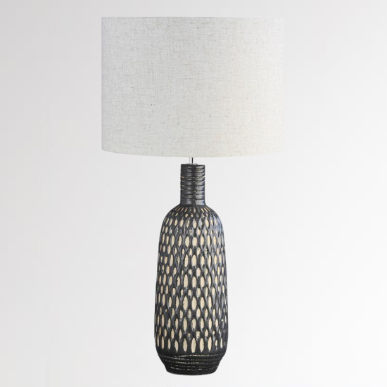 Sheldrick Table Lamp - Linen Light Shade - Black Ceramic Base - 67cm
