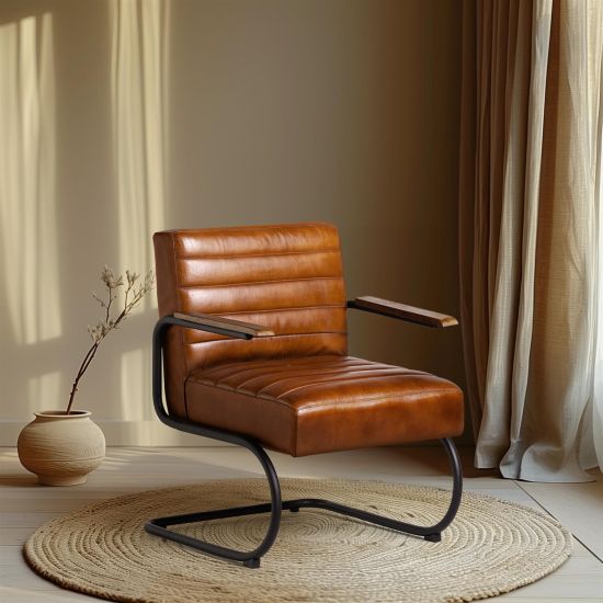 Ealing Armchair - Real Brown Leather Padded Seat - Black Metal Base