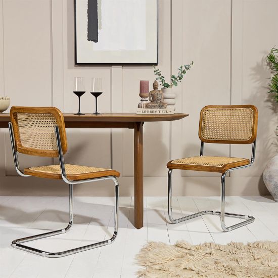 Cesca Inspired Dining Chair - Brown & Natural Rattan Cane Seat - Chrome Frame