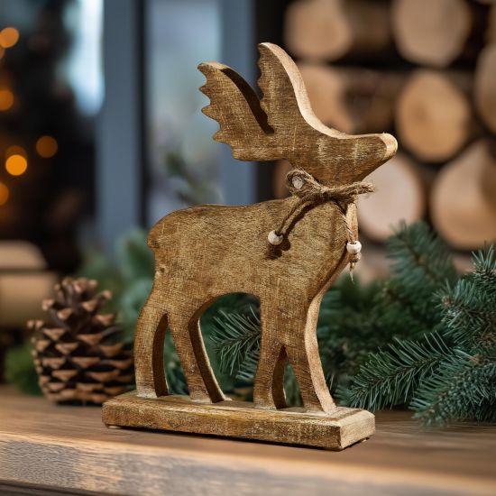 Christmas Decoration Stag - Wooden Standing Ornament - Sparkle Detail - 27cm