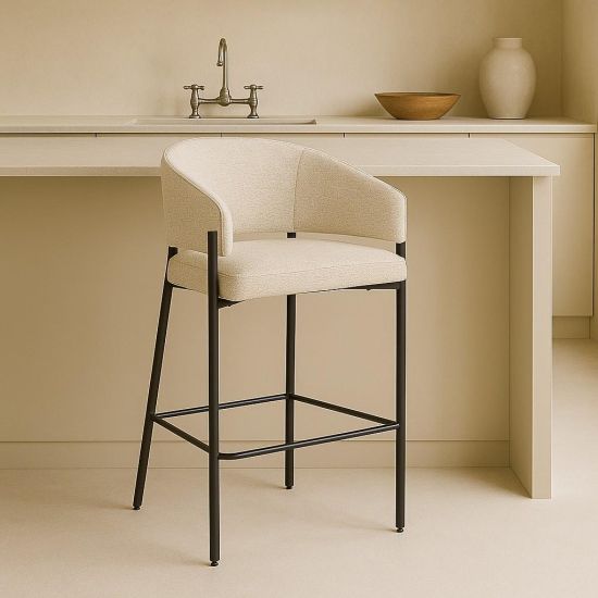 Jersey Bar Stool - Beige Fabric Seat - Black Metal Legs - 66cm