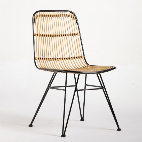 Cup Dining Chair - Natural Rattan Cane Seat - Black Iron Hairpin Base