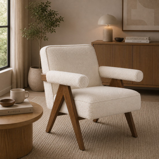 Lorenzo Accent Armchair - Snow Cream Chenille Seat - Walnut Wood Frame