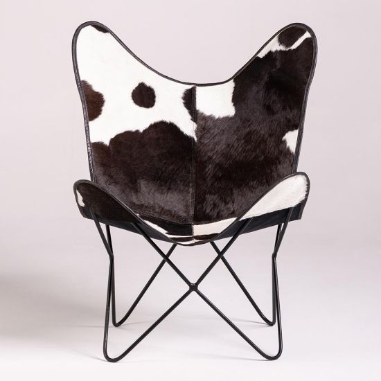 Butterfly Accent Chair - Black White Cow Hide Seat - Black Base