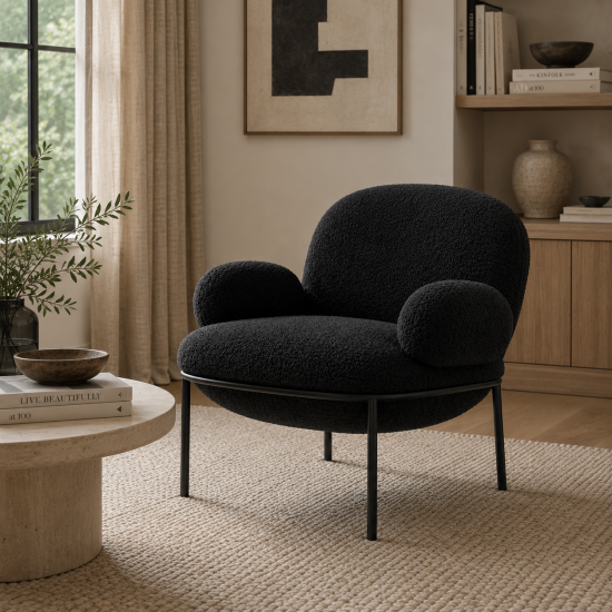 Osca Accent Chair - Black Sherpa Fabric Seat - Black Metal Frame