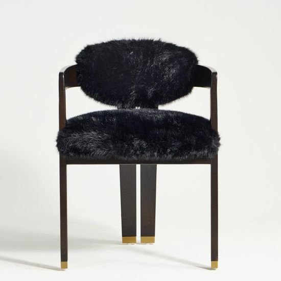 Alaska Dining Chair - Black Faux Fur - Solid Oak Frame with Brass Caps