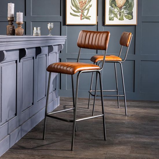 Diner Bar Stool - Tan Real Leather Seat - Grey Metal Frame - 66cm