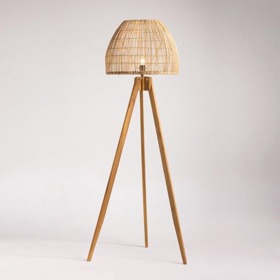 Henry Floor Lamp - Natural Rattan Light Shade - Teak Robot Tripod Stand