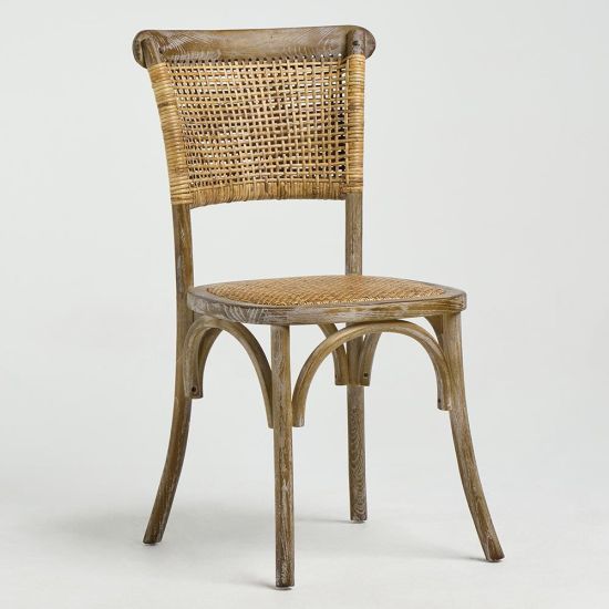 French Dining Chair - Rattan Wicker Seat - Weathered Elm Frame