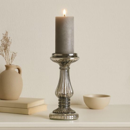 Bonbon Candle Pillar Holder - Glass Mercury Smoked Effect - 25cm