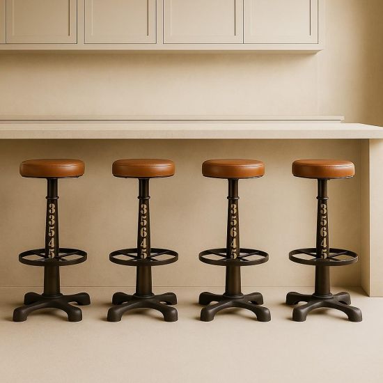 Singer Bar Stool - Tan Leather Round Seat - Metal Base - 67cm
