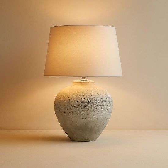 Hugh Table Lamp - Grey Linen Shade - Ceramic Stone Effect Base - 64cm