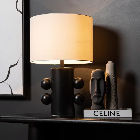 Frank Table Lamp - Linen Light Shade - Black Ceramic Base - 60cm