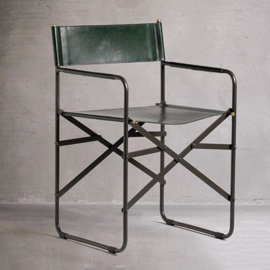 Scout Dining Chair - Green Real Leather Seat - Black Folding Frame