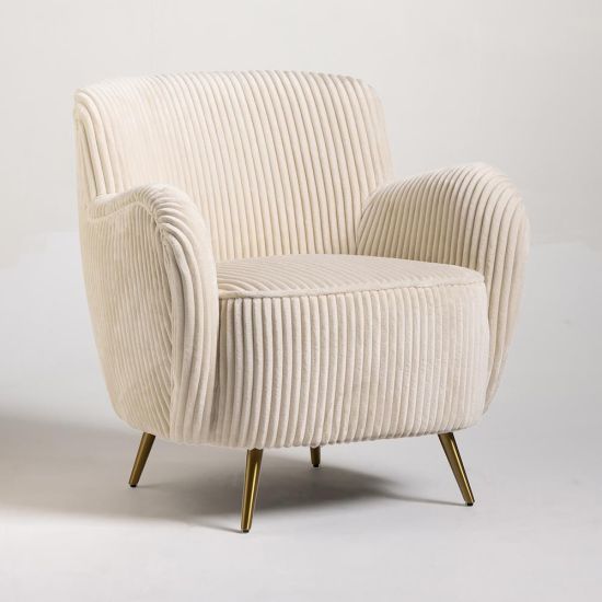 Valencia Armchair - Cream Linen Corduroy Fabric Seat - Brass Gold Metal Legs