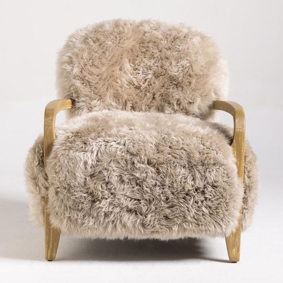 Eskimo Accent Chair - Long Real Sheepskin Fur - Taupe - Solid Oak Frame