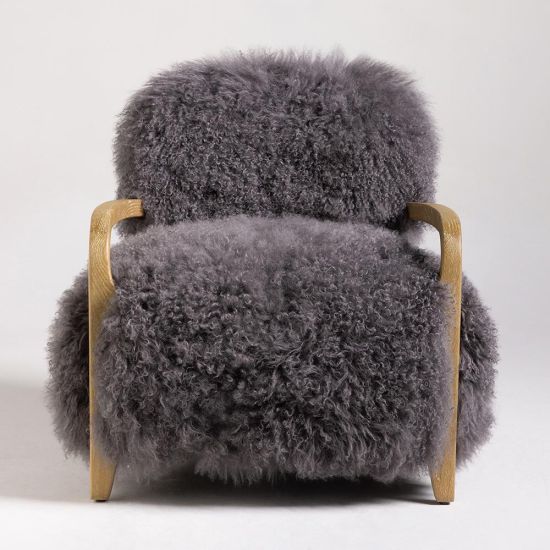 Eskimo Accent Chair - Long Real Sheepskin Fur - Dark Grey - Solid Oak Frame