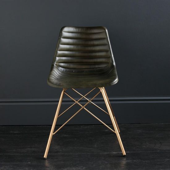 Gansevoort Chair Olive Green Ribbed Leather Seat with Gold Cross Legs Base