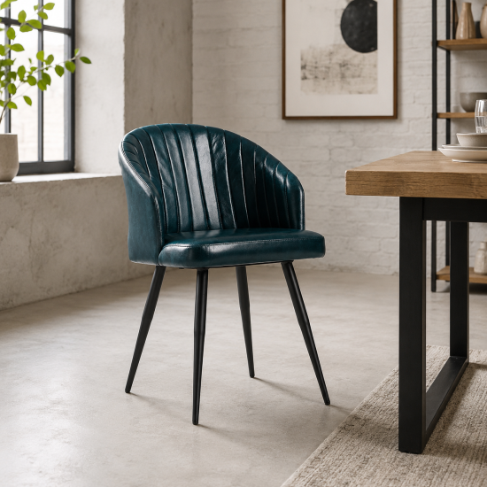 Wilson Dining Chair - Teal Blue Leather Seat - Black Metal Base