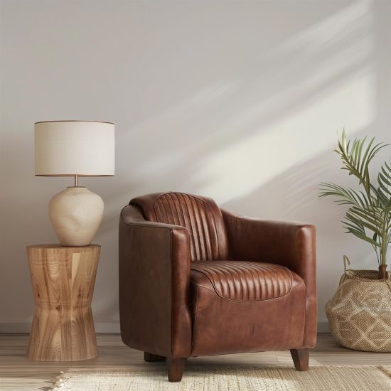 Piccadilly Armchair - Curved Brown Real Leather Seat - Wood Feet