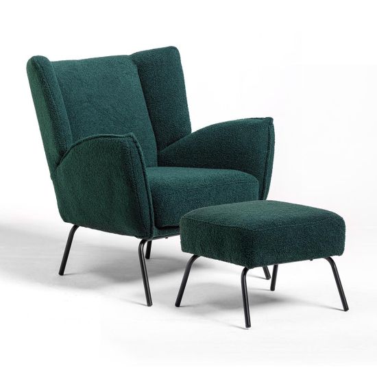 Winston Armchair with Footstool - Green Boucle Fabric - Black Metal Base