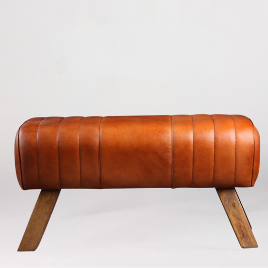 Pommel Bench - Real Brown Leather Seat - Natural Wood Legs - 88cm