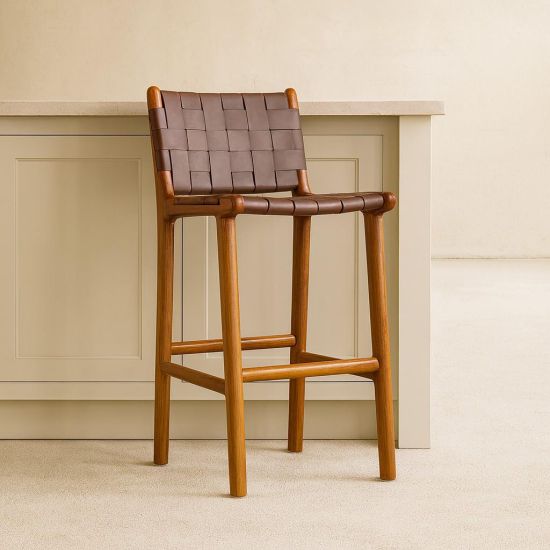 London Bar Stool Real Brown Leather Woven Counter 64cm Seat Height Teak Frame