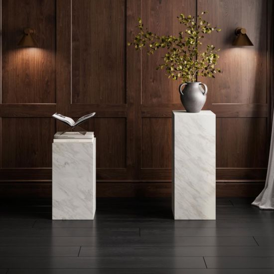 OTI Sur Small Pedestal Table - White Marble Effect - Square Sculptural Design