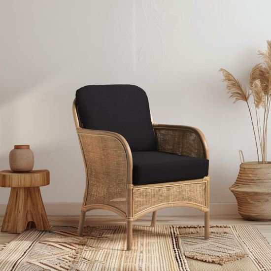 Bayron Armchair - Black Cushioned Seat - Natural Cane Wicker Frame