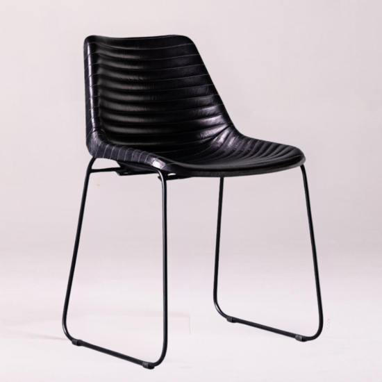 Deluxe RH Dining Chair - Black Ribbed Real Leather Seat - Black Base
