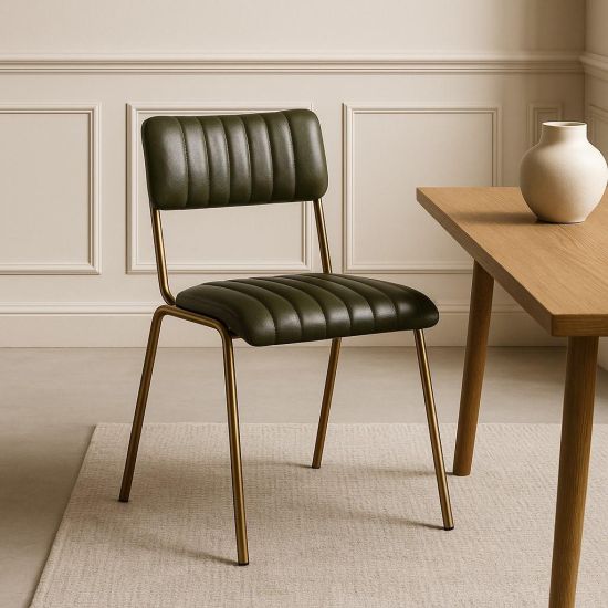 Diner Dining Chair - Green Ribbed Leather Seat - Antique Brass Frame