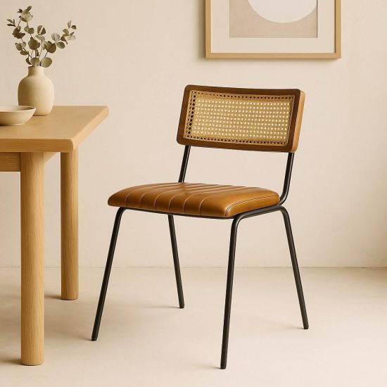 Bexley Dining Chair - Desert Leather Seat with Cane Backrest - Metal Frame