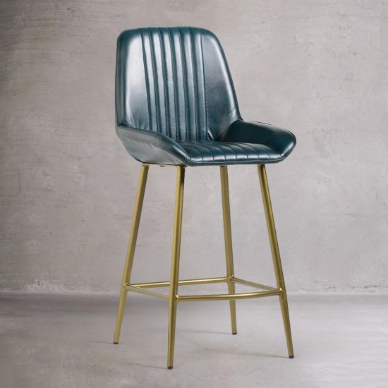 Brooklyn Bar Stool - Blue Real Leather Seat - Dull Gold Metal Base - 66cm