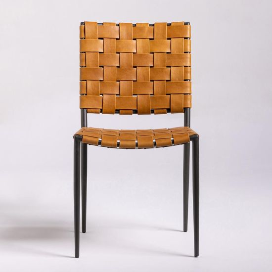Hunter Dining Chair - Tan Real Leather Strap Seat - Natural Metal Frame