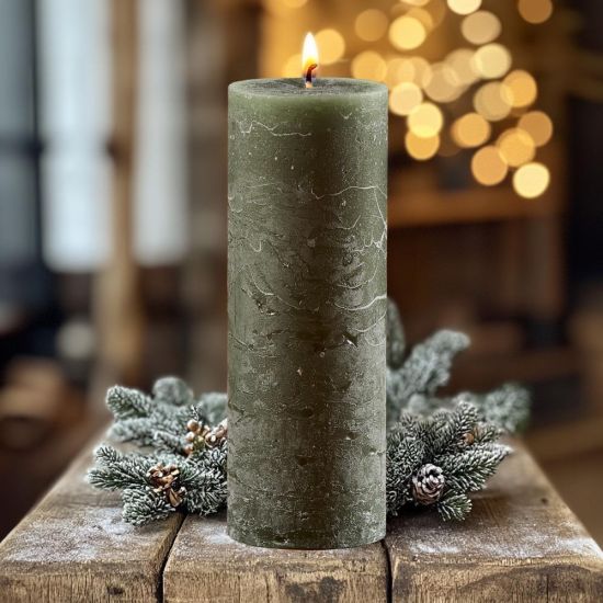 Rustic Pilar Candle - 20cm - 80 Hours Burn Time - Olive Green