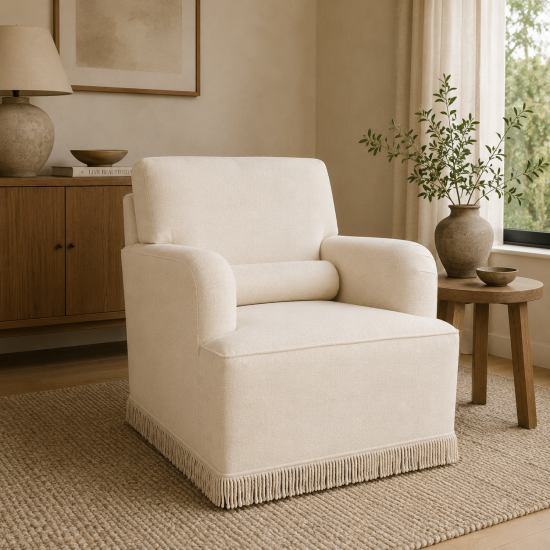 Jojo Armchair - Cream Fabric Pillow Back - Tassel Fringe Trim