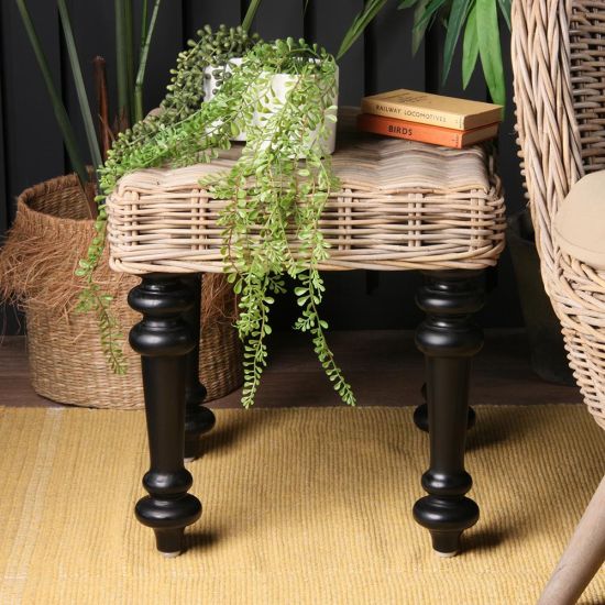 Kruk Side Table - Square Grey Rattan Top - Black Legs - 46 x 45cm