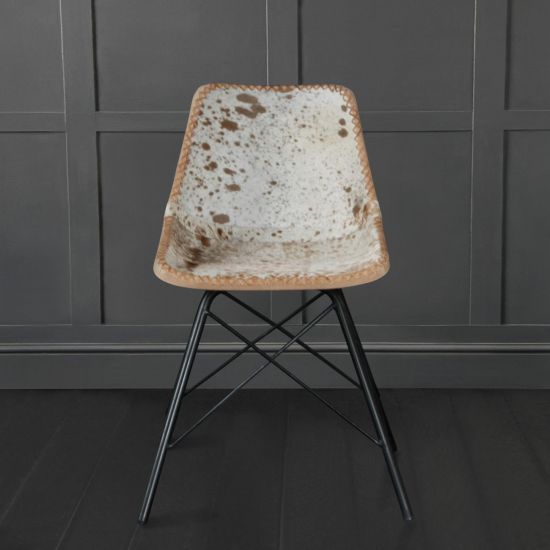 Road House Chair With Cross Legs, Brown & White Cow Hide Seat Black Base