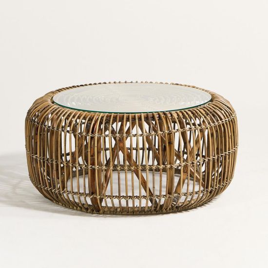 Bali Coffee Table - Round Glass Top - Rattan Effect Cane Base - 85cm