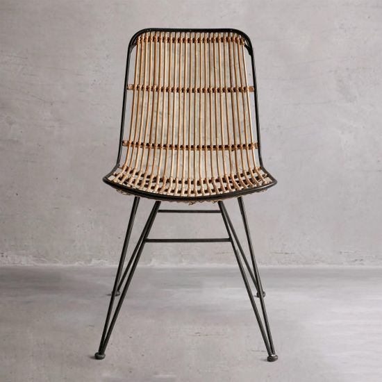 Cup Dining Chair - Natural Rattan Cane Seat - Black Iron Hairpin Base