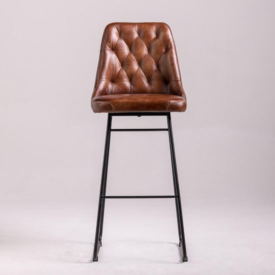 Hague Bar Stool - Brown Real Leather Seat - Black Base - 75cm
