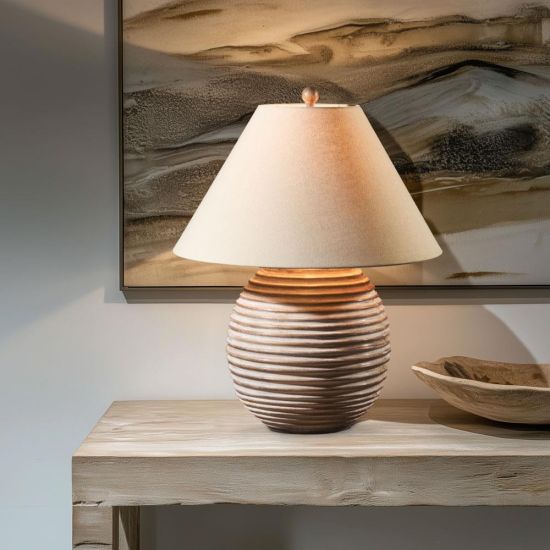 Theo Table Lamp - Cream Light Shade - Ceramic Brown Wood Effect Base - 70cm