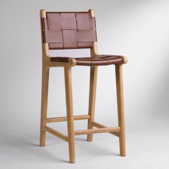 Lisbon Bar Stool Brown Real Leather Strap Counter 66cm Seat Height Teak Frame
