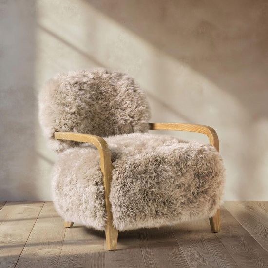Eskimo Accent Armchair - Real Sheepskin Fur - Grey - Solid Oak Frame