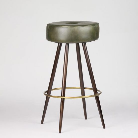 Crompton Bar Stool - Green Round Leather Seat - Pewter & Brass Base - 66cm