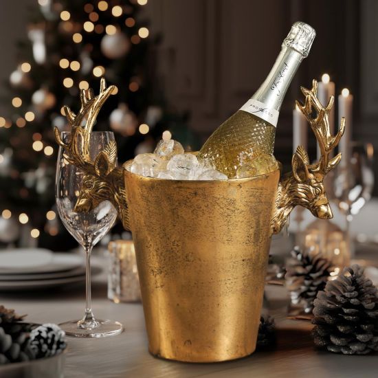 Reindeer Wine Cooler - Stag Detail Ice Bucket - Antique Brass - 39cm