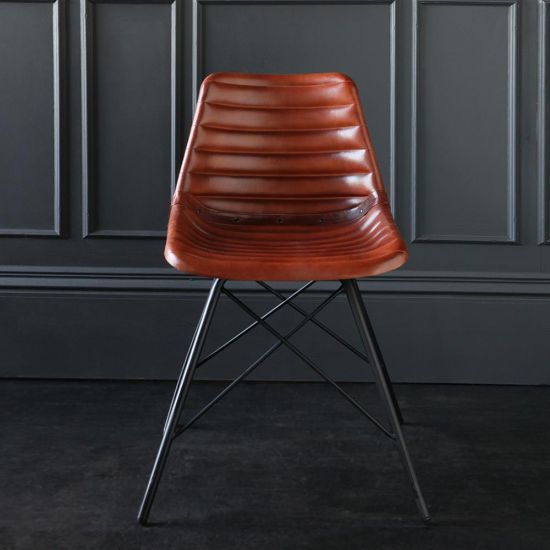 ROAD HOUSE Dining Chair with Tan Ribbed leather Seat & Black Cross Legs