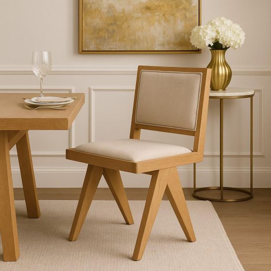 Dimo Dining Chair - Linen Fabric Seat - Ashy Brown Oak Solid Frame